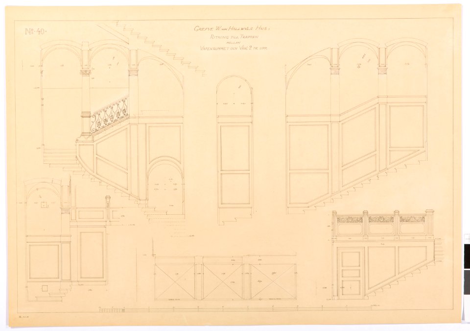 Inredningsritning trappan mellan vapenrummet och andra våningen, Hallwylska palatset - Hallwylska museet - 102144