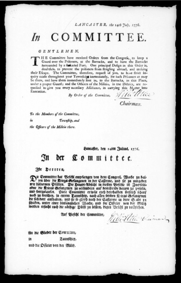 Instructions for keeping prisoners - Lancaster, Pa. July 14, 1776; text in English and German LCCN2005676056