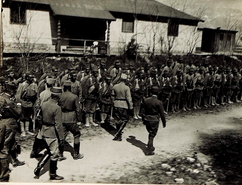 Inspizierung des Bergführerkurses in Bozen durch Exzellenz von Roth, 29.4.1917. Exzellenz schreitet die Front der Bergführerabteilung ab. (BildID 15584256)