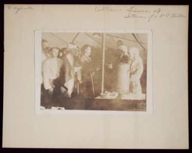 Interior of American Red Cross canteen showing Miss Gladys and Miss Dorothy Cromwell of New York, and Miss Julia Wells of Fairfax, Va. serving chocolate to wounded soldiers American Red LCCN2013649142