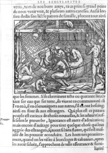 Interior of Canadian Indian dwelling; women are weeping over dying warrior in hammock; parrot is perched on rafter LCCN2002699497