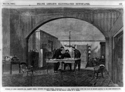 Interior of Chief Detective Col. Baker's office, opposite Willard's Hotel, Washington, D.C. - Col. Baker laying down the plan of Booth's capture to his chief subordinates LCCN99613993
