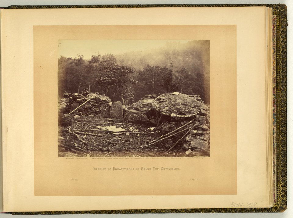 Interior of breastworks on Round Top, Gettysburg - negative by T.H. O'Sullivan; positive by A Gardner. LCCN2006685386