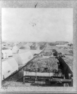 Interior of Fort Wagner in April, 1865. Charleston Harbor, S.C. Low aerial view of gun batteries; -4293 LCCN2006686860