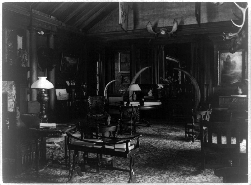 Interior of Sagamore Hill with elephant tusks, antlers and bison head LCCN92520594
