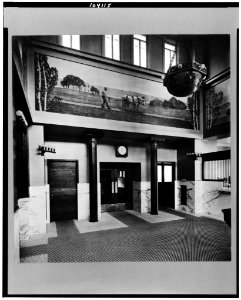 Interior of Peoples Savings Bank, Cedar Rapids, Iowa with large mural over door LCCN91783900
