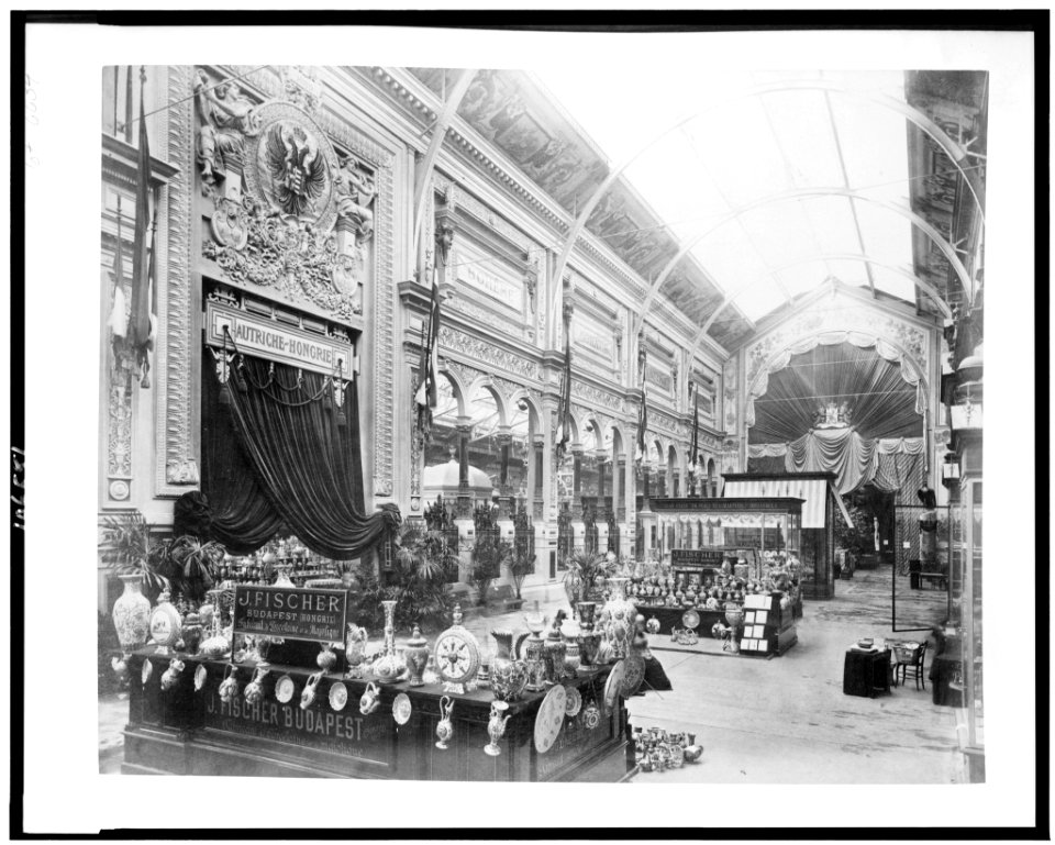 Interior of the Palace of Diverse Industries showing an exhibit of porcelain and majolica by J. Fischer, Budapest, Hungary, Paris Exposition, 1889 LCCN92520501