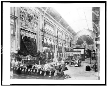 Interior of the Palace of Diverse Industries showing an exhibit of porcelain and majolica by J. Fischer, Budapest, Hungary, Paris Exposition, 1889 LCCN92520501