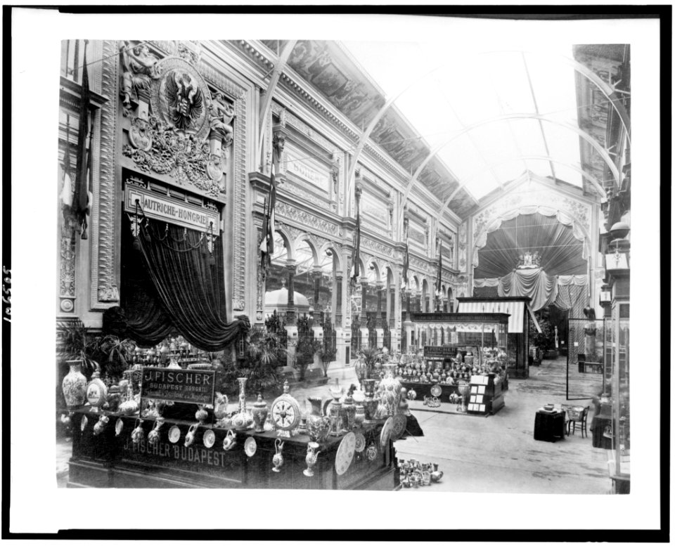 Interior of the Palace of Diverse Industries, showing an exhibit of porcelain and majolica by J. Fischer, Budapest, Hungary, Paris Exposition, 1889 LCCN92520467