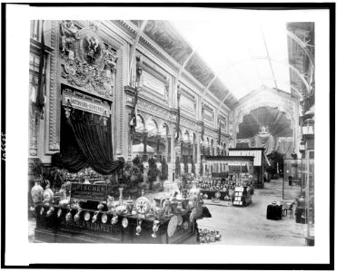 Interior of the Palace of Diverse Industries, showing an exhibit of porcelain and majolica by J. Fischer, Budapest, Hungary, Paris Exposition, 1889 LCCN92520467