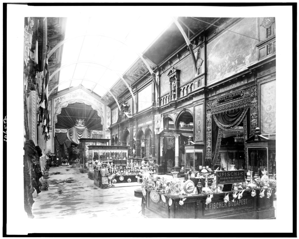 Interior of the Palace of Diverse Industries showing an exhibit of porcelain and majolica by J. Fischer, Budapest, Hungary, Paris Exposition, 1889 LCCN92520500