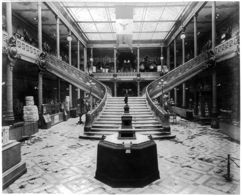 Interior view of the Pavilion of Mexico, showing stairway and exhibits, Paris Exposition, 1889 LCCN92520806