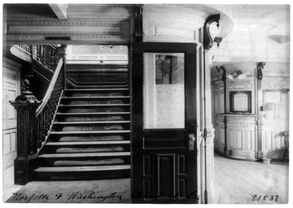 Interior view of steamboat showing stairway and pursers office LCCN90707919