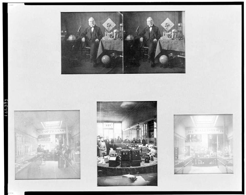 Interior views of the McAllister & Brother optical shop in Philadelphia, Pennsylvania, with stereo portrait of John McAllister, Jr. in his store LCCN98519153