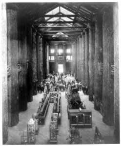 Interior of Forestry Bldg. at the Lewis and Clark Centennial, Portland, Ore., 1905. Displays; pillars of huge trees, stuffed animals LCCN2005679793