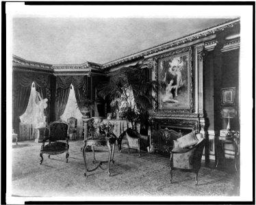 Interior with painting of nude woman and cupid, over fireplace, French provincial furniture, and heavily draped windows at left, in home of Edmund Cogswell Converse, Greenwich, Connecticut LCCN94502506