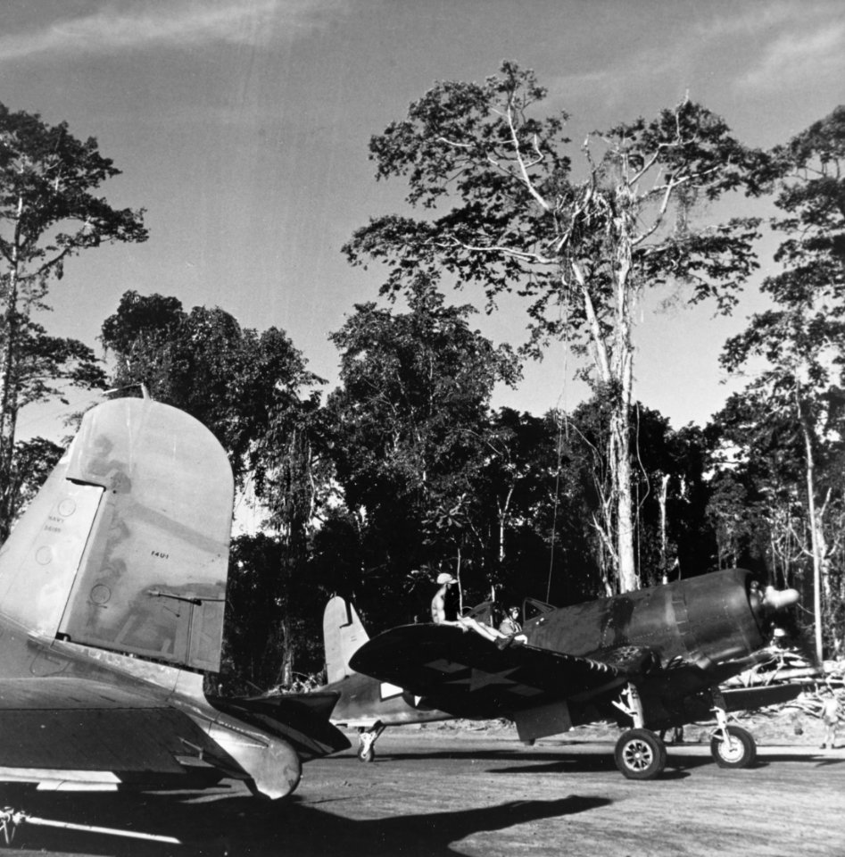 Ira C. Kepford of VF-17 taxies his F4U-1A Corsair on Bougainville, in February 1944 (80-G-419957)