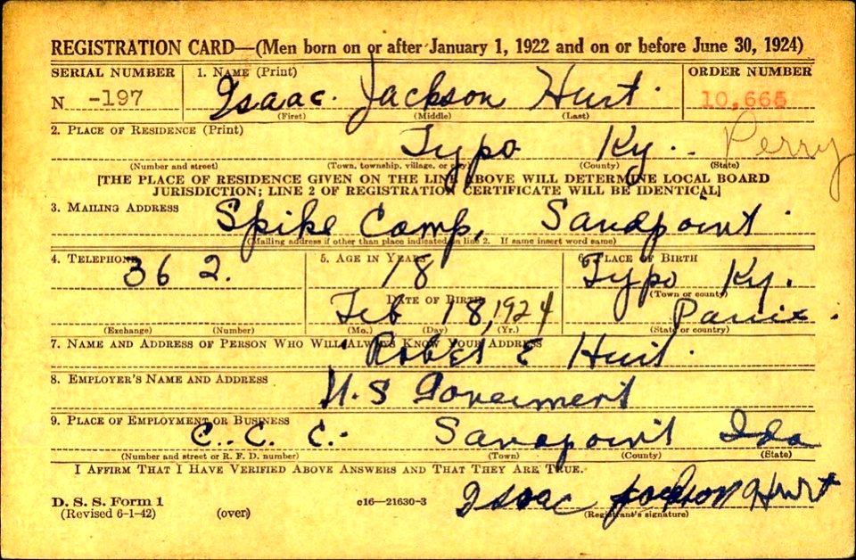 Isaac J Hurt's draft card