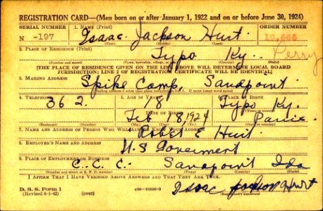 Isaac J Hurt's draft card