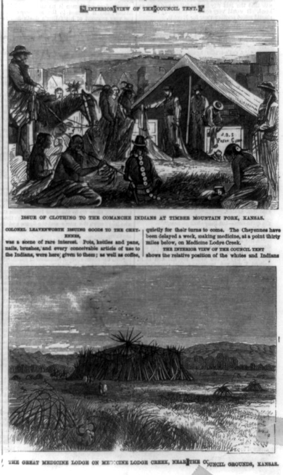 Issue of clothing to the Comanche Indians at Timber Mountain Fork, Kansas ; The Great Medicine Lodge on Medicine Lodge Creek, near the council grounds, Kansas LCCN89714365