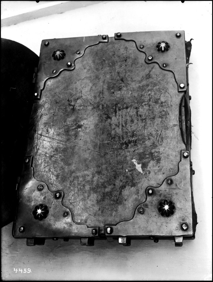 Iron-bound wooden covered book at Mission Santa Clara, ca.1908 (CHS-4459)