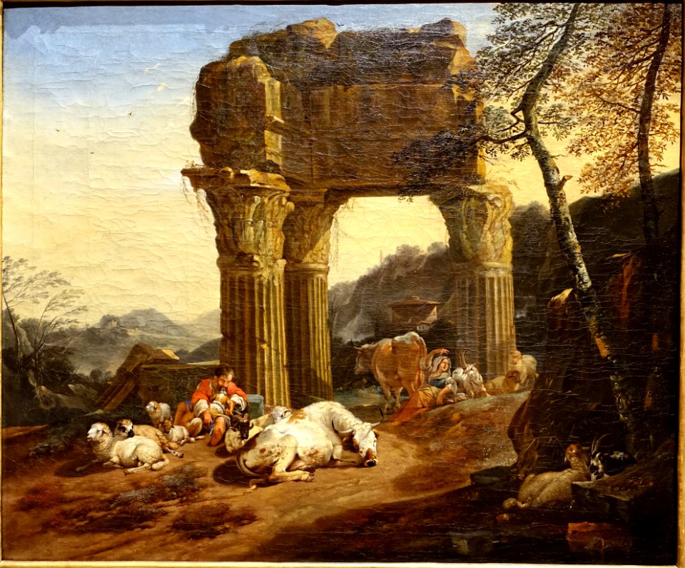 Italian pastoral landscape with the Temple of Vespasian, by Johann Heinrich Roos, 1668, oil on canvas - Hessisches Landesmuseum Darmstadt - Darmstadt, Germany - DSC09945
