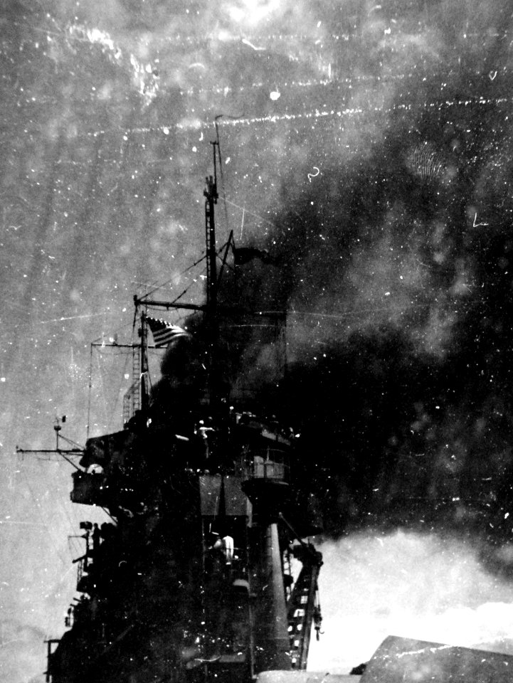 Island of USS Yorktown (CV-5) after bomb hits during the Battle of Midway, 4 June 1942 (80-G-23978)