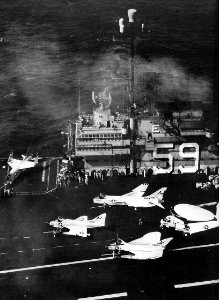 Island and flight deck of USS Forrestal (CVA-59) in 1961