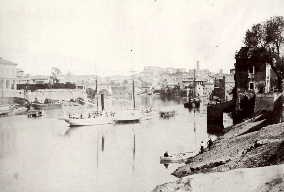 Italienischer Photograph um 1860 - Ein Dampfer auf dem Tiber bei Ripagrande (Zeno Fotografie)