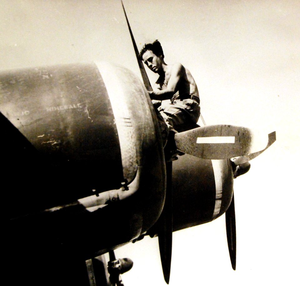Italian aviator, a volunteer for the Allies, works on aircraft engine, Operation Husky, 1943 (24689561060)