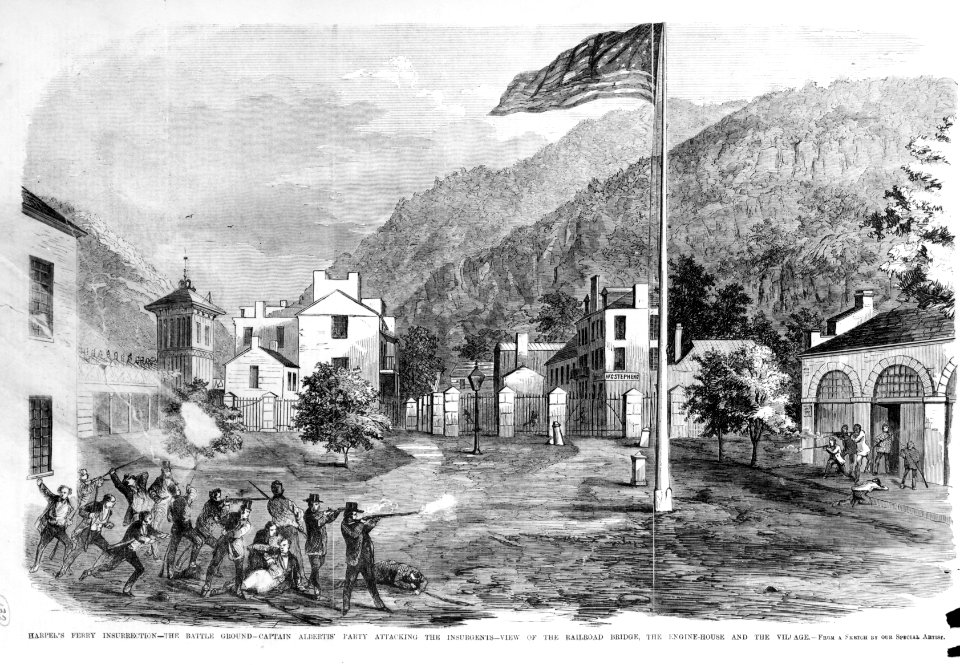 Harper's Ferry insurrection - the battle ground - Captain Alberts' party attacking the insurgents - view of the railroad bridge, the engine-house, and the village - from a sketch by our LCCN95522021 (cropped)