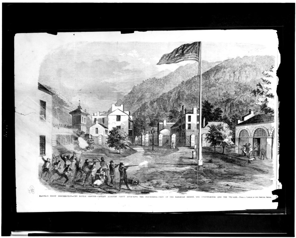 Harper's Ferry insurrection - the battle ground - Captain Alberts' party attacking the insurgents - view of the railroad bridge, the engine-house, and the village - from a sketch by our LCCN95522021