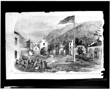 Harper's Ferry insurrection - the battle ground - Captain Alberts' party attacking the insurgents - view of the railroad bridge, the engine-house, and the village - from a sketch by our LCCN95522021