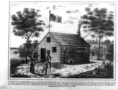 Harrison at cabin on North Bend of Ohio - 1840 lithograph