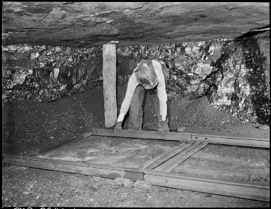 Harry Fain, coal loader, lays track which will allow shuttle car to be spotted closer to the face. Inland Steel... - NARA - 541476