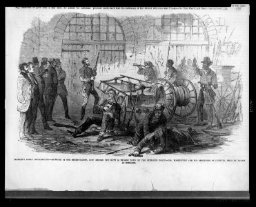 Harper's Ferry insurrection - Interior of the Engine-House, just before the gate is broken down by the storming party - Col. Washington and his associates as captives, held by Brown as LCCN2002735881