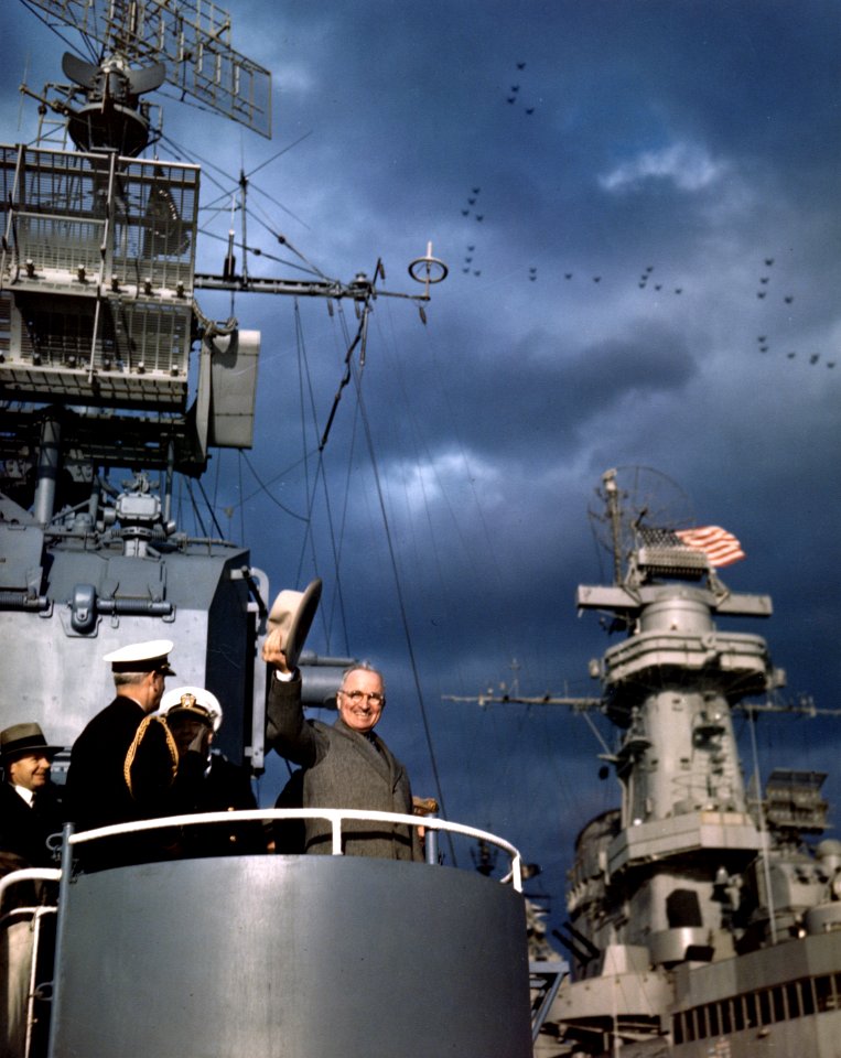 Harry S. Truman aboard USS Renshaw (DD-499) during the Navy Day Fleet Review in New York Harbor, 27 October 1945 (80-G-K-15861)