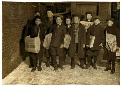 Hartford, Conn. 6 A.M. Sunday. See photo and label 602 (Caption -602- '6-00 A.M. Sunday, March 7, 1909. Boys starting out with Sunday papers. Some were only 8 and 9 years old. Many more LOC nclc.03301