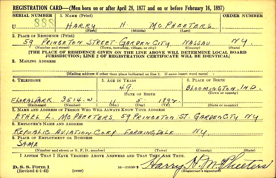 Harry Halstead McPheeters (1892-1960) in the WWII draft registration