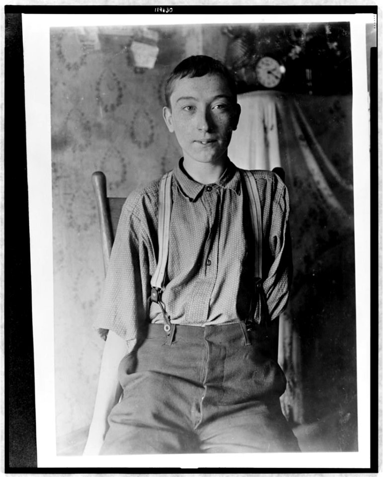 Harry McShane - 134 B'way (I,e, Broadway) -Cin. O. - 16 yrs. of age on June 29, 1908. Had his left arm pulled off near shoulder, and right leg broken through kneecap, by being caught on belt LOC cph.3c19630