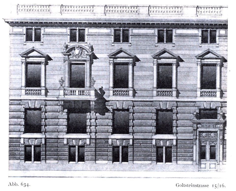 Haus Goltsteinstraße 15 und 16 in Düsseldorf, erbaut durch Kayser & von Grossheim aus Berlin im Jahre 1899, Aufriss