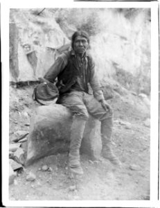 Havasupai Indian man, Waluthama, sitting on a rock, ca.1899 (CHS-3779)