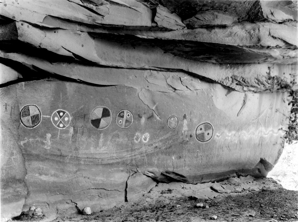 Havasupai Indian pictographs on the rocks in Havasu Canyon on the Topocolya Trail, Grand Canyon, ca.1900-1930 (CHS-3816)