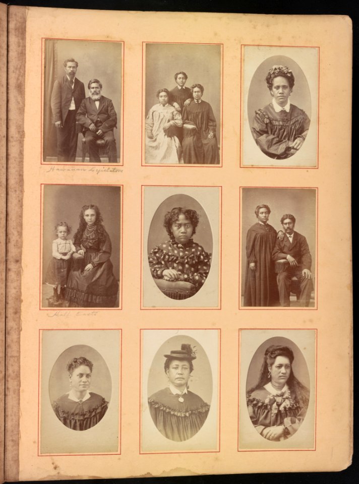Hawaii album, p. 11, portraits of Hawaiian women, men and children LCCN2016651353