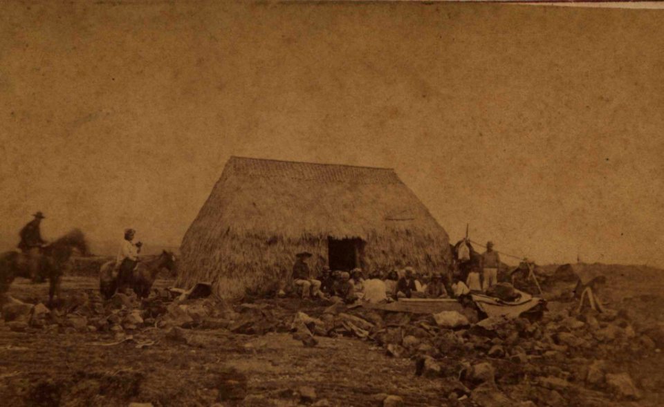 Hawaiian House and People Eating Poi, photograph by H. L. Chase, Mission Houses Museum Archives