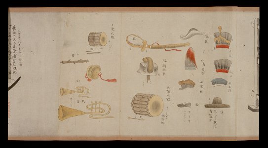 Hats, pistol case, drum, shoe, and pipe used by American Marines and sailors as drawn by Japanese artist LCCN2006677646