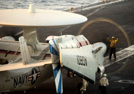 Hawkeye moves onto catapult aboard USS Dwight D. Eisenhower. (8726684804)
