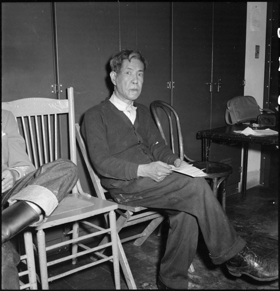 Hayward, California. A farmer of Japanese ancestry appears at Wartime Civil Control Administration . . . - NARA - 536468