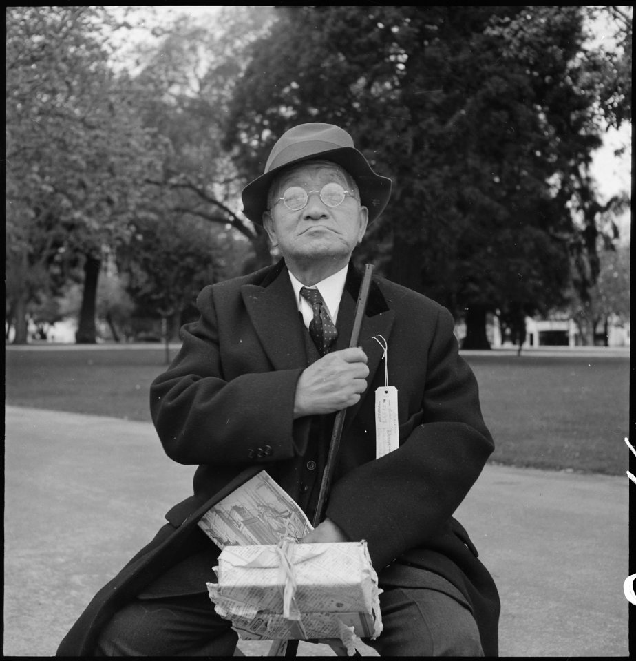 Hayward, California. Grandfather of Japanese ancestry waiting at local park for the arrival of evac . . . - NARA - 537511