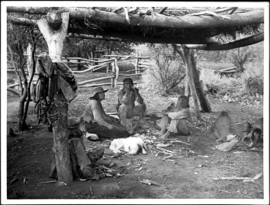 Havasupai Indian men sitting at Waluthama's hawa in Havasu Village, ca.1899 (CHS-4702)